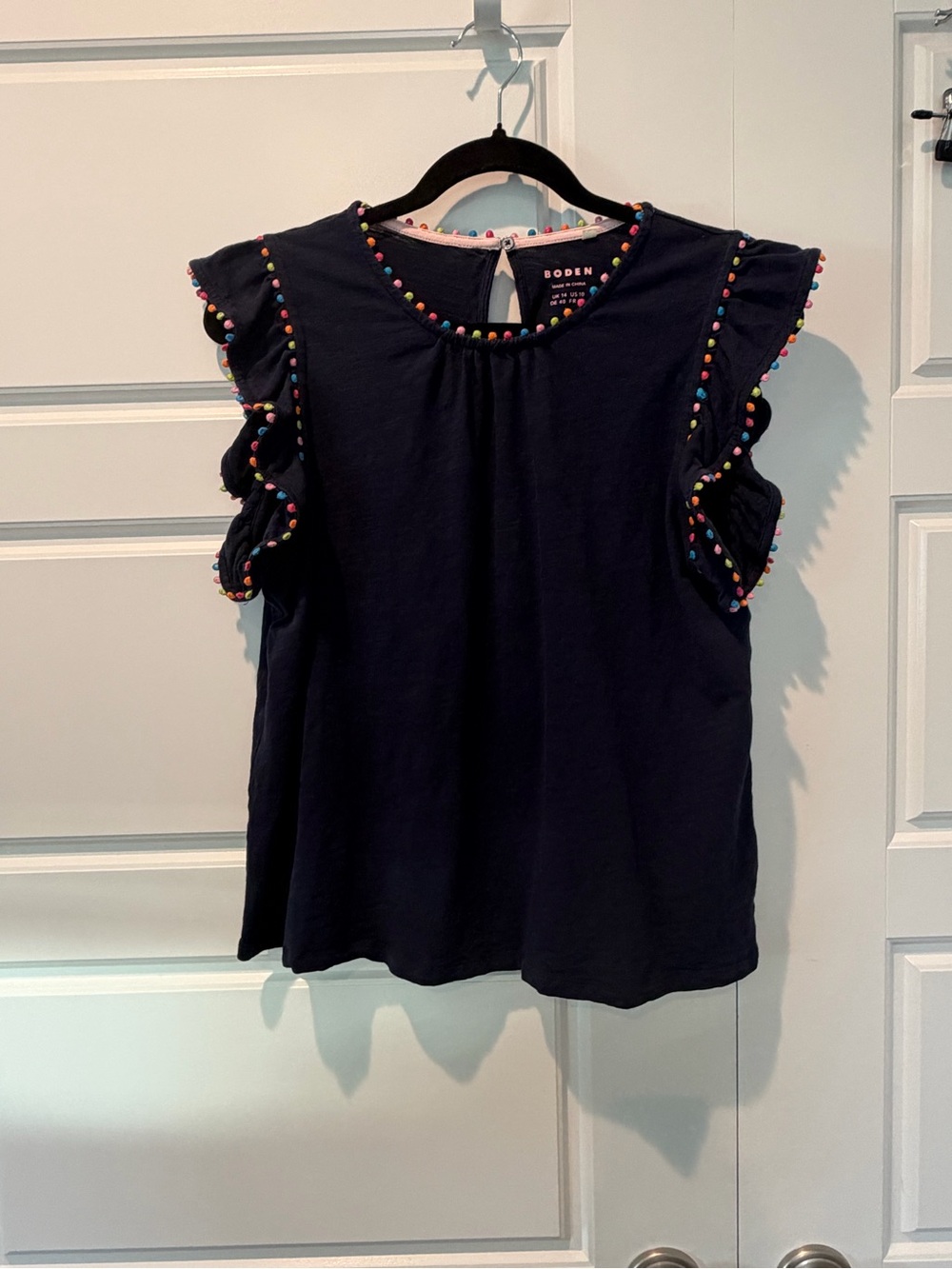 Boden Pom Trim Ruffle Sleeve Top Navy Blue Cotton Womens Size 10 Large